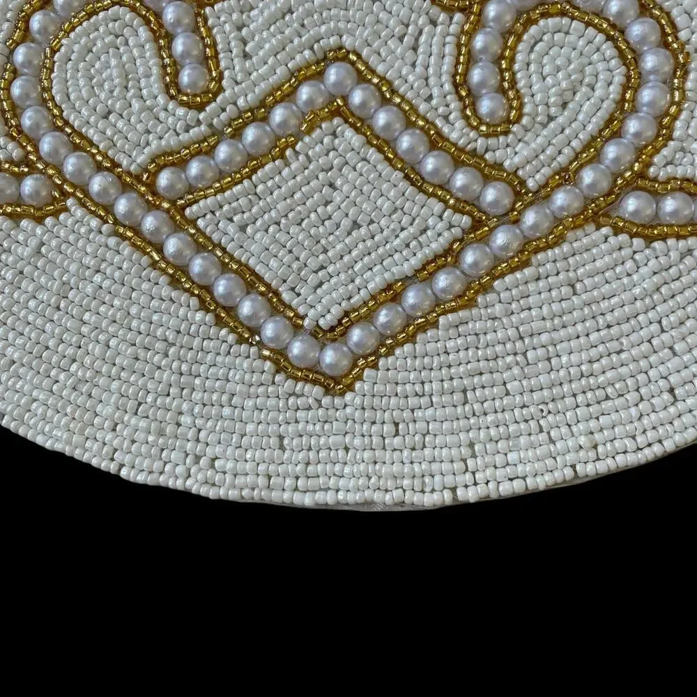 TIRAMISU Handmade Beaded 15in Round Placemat Charger Glam White & Gold NEW
